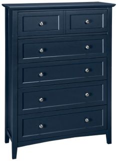 a blue dresser with five drawers and two doors on the top, in front of a white background