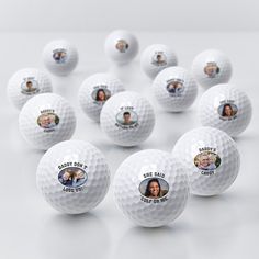 a group of golf balls with pictures of people and their names on them are arranged in a circle