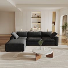 a living room filled with furniture and a white rug