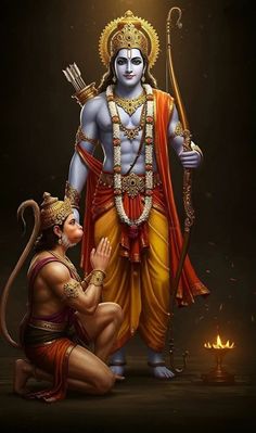 the god is kneeling down next to a monkey