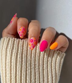 Hot Pink Fall Nails, Gel Nails Pink And Orange, Almond Nails Orange And Pink, Pink And Orange Swirl Nails Almond, Pink And Orange Nails, Spring Nails 2024 Orange, Summer Nails 2024 Fruit, Simple Toe Nails, Boho Nails