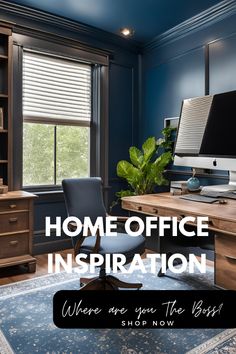 a home office with blue walls and wooden furniture, including a computer on a desk