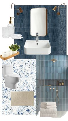 a bathroom with blue tile and gold fixtures, including a sink, mirror, towel rack, soap dispenser