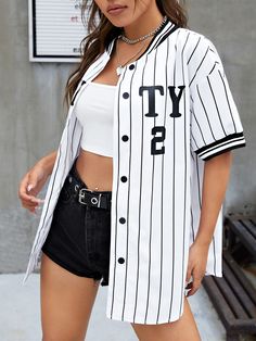 White Casual Collar Half Sleeve Fabric Letter,Striped Shirt Embellished Non-Stretch Summer Women Clothing Street Mode, Sporty Jacket, Base Ball, Baseball Shirt