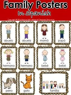 family posters in spanish with pictures of people and animals on them, including the names of their families