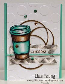 a close up of a card with a cup of coffee on the front and bottom