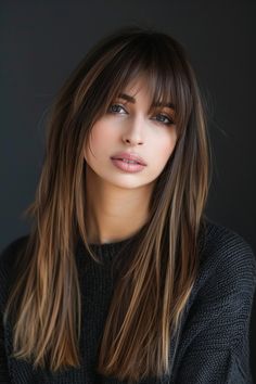 Explore 27 charming wispy bangs styles for long hair to refresh your look! Elevate your hairstyle with these delightful options that add flair and charm. ✨ #WispyBangs #LongHairStyles #HairInspiration Bangstyle Hair Long Wispy Straight, Long Dark Hair With Wispy Bangs, Dark Brown Hair With Wispy Bangs, Bangstyle Hair Long Wispy, Full Fringe Long Hair, Long Layers Wispy Bangs Brunette, High Forehead Hairstyles, Hair Colors For Blue Eyes, Long Fringe Hairstyles