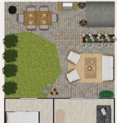 an overhead view of a living room and dining area in a backyard with furniture, plants and flowers