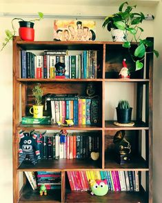 a bookshelf filled with lots of books next to a plant and potted plants