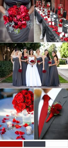 red and gray wedding color scheme with roses in the center, bridesmaid dresses