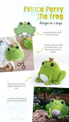 the frog is crocheted in green and has a crown on it's head