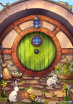 an illustration of a green door with two rabbits in front and flowers on the ground