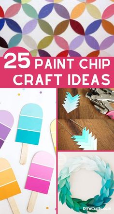 25 paint chip craft ideas with popsicles and paper circles on the top one