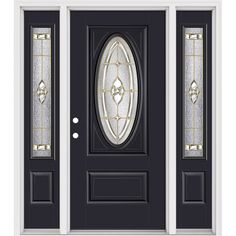 a black front door with two sidelights and glass panels on the top part of it