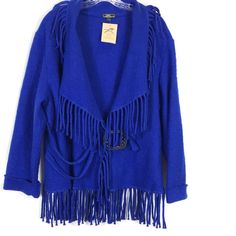 Lisa International Boiled Wool Cardigan. Snap With Buckle Closure Long Sleeve Fringe Accents Along Collar And Hem Nwt Size Large Pit To Pit Across Back 22” Center To Hem Back & Front 25” To End Of Fringe 30” Sleeve 22” Cuffed And 24.5” Not Cuffed. Pet Friendly Home T-558 Blue Fringe Outerwear For Fall, Faux Fur Cardigan, White Knit Cardigan, Red Cardigan Sweater, Vintage Christmas Sweaters, Zip Front Sweater, Fur Cardigan, Faux Fur Sweater, Party Sweaters