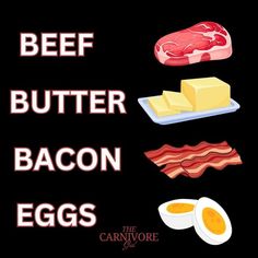 the words beef, butter, bacon, eggs and cheese are shown on a black background