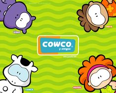 several cartoon animals with the words cowo y mimos on it's face