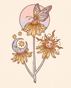 a drawing of two flowers and a butterfly on top of each other with the moon in the background