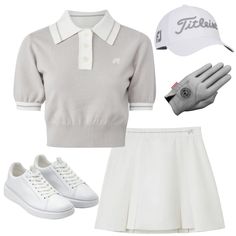 a woman's outfit including tennis shoes, hat and gloves is shown in this image