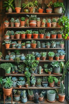 many potted plants are arranged on shelves