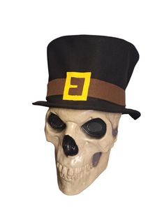 Hand made top hat to fit 12 ft skeleton  Black hat with brown and yellow detail  Made from felt this is a crushable hat, not rigid, for easy storage Skeleton Wearing Top Hat, Skeleton Top Hat, 12 Ft Skeleton, 12 Foot Skeleton, Pilgrim Thanksgiving, Thanksgiving Pilgrims, Skeleton Decorations, Holiday Costumes, Costume Hats