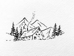 a black and white drawing of a house in the woods with trees on it's side