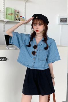 Short Sleeve Notched Collar Denim Shirt – Tomscloth Jean Short Sleeve Shirt Outfits, Clown Ideas, Short Sleeve Denim Shirt, 90s Y2k Fashion, Trendy Denim, Vintage Crop Tops, Denim Blouse, Backless Mini Dress, Y2k Jeans