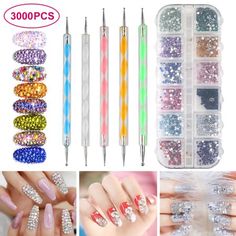 Saving customers' money and providing good products continue to be Erekat's mission. Beekite multicolor nail rhinestones kit makes your nail sparking and shinning! Made of good quality glass together with multifaceted cutting, our crystal rhinestones shine beautifully under sunshine and light. It's so easy to apply and place on the smooth surface you want. When looking at the back of it, you can find that flat silver back gems have unique sparkle, shine, and multi-faceted, which adds extra spark Nail Art Kit Tools, Nails Crystals, Powder Glitter Nails, Dot Painting Tools, Diy Nails Stickers, Glass Nails Art, Bling Ideas, Studded Nails, Nail Art Pen