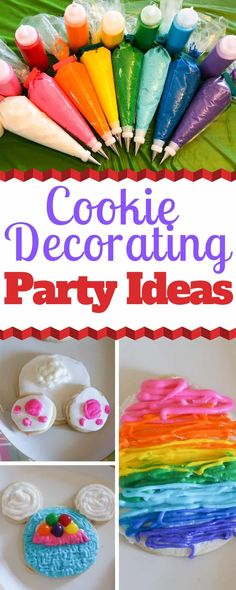 some colorful cakes and cupcakes on a table with the words cookie decorating party ideas