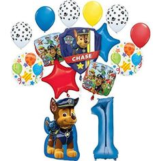 the paw patrol 1st birthday balloon bouquet includes balloons, heliums and an animal figure