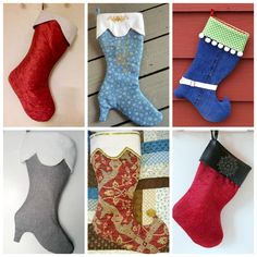 six different christmas stockings hanging on the side of a house, each decorated with an ornament