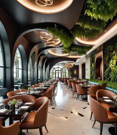 the interior of a restaurant with plants growing on the walls and tables set for dinner