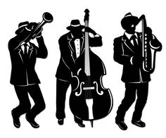 three silhouettes of men in suits and ties playing musical instruments, one is holding a trumpet