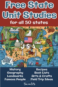 an illustrated map with the words free state unit studies for all 50 states