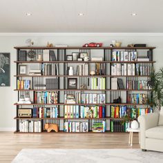 a living room filled with lots of books and furniture next to a wall mounted book shelf