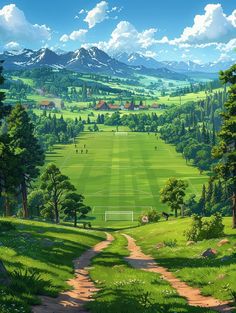 a painting of a soccer field with mountains in the background and trees on either side