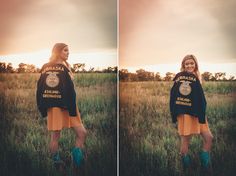 two pictures of a woman standing in a field