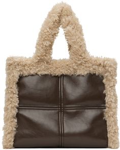 Paneled polished faux-leather tote in brown. Faux-shearling trim in off-white throughout. · Twin carry handles · Press-stud tab at throat · Zip pocket and patch pockets at interior · Faux-shearling and faux-leather lining · H14.5 x W18 x D7.5 in Supplier color: Brown/Natural beige Faux Fur Bag, Studio Bag, Stand Studio, Brown Tote Bag, Soft Teddy, Quilted Tote Bags, Fur Bag, Brown Tote, Bag Stand