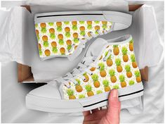 These cute pineapple print shoes are sure to attrack some attention ! Our custom made shoes will make the best gift for any occasion! All of our sneakers are custom-made-to-order and handcrafted to the highest quality standards Check out more of our footwear here: https://www.etsy.com/shop/unicornshoesshop/ Product Name: Pineapple Printed Shoes | Kawaii Sneakers | Cute Clothing| Pineapple Gifts | Custom High Top Converse Style Sneakers For Adults Women & Men Product Features; ▶ Full canvas d Casual Lace-up Sneakers As Gift, Kawaii Sneakers, Shoes Kawaii, Sneakers Cute, Pineapple Gifts, Printed Shoes, High Top Converse, Cute Pineapple, Pattern Shoes