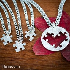 Friends Puzzle, Friends Heart, Puzzle Piece Necklace, 4 Best Friends, Bff Jewelry, Family Jewelry, Half Dollar Coin, Heart Puzzle, Heart Necklaces