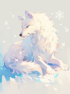 a painting of a white wolf laying down in the snow with snowflakes on it