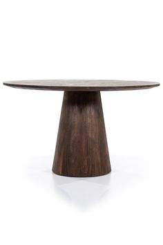 a round wooden table with an oval top on a white background and the base is made out of wood