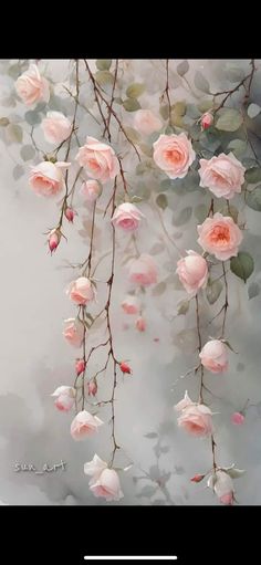 pink roses are hanging from the branches of a tree in front of a gray background