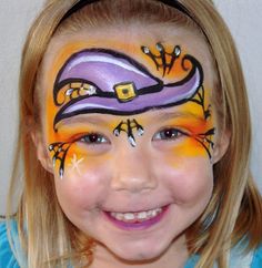 Halloween face painting Witch hat design Witch Hat Face Paint, Face Paint Witch Halloween, Easy Witch Face Paint Kids, Easy Kids Halloween Face Paint, Halloween Kids Face Painting, Quick Halloween Face Paint, Kids Halloween Face Painting, Witch Facepainting, Witch Face Painting