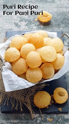 there is a bowl full of fried food on the table with text overlay that reads, puri recipe for pani puri