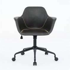 a black leather office chair with wheels on an isolated white background, the back is upholstered