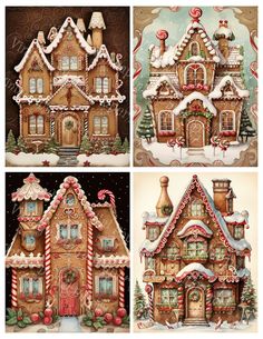 four pictures of gingerbread houses with candy canes and candies on the windows