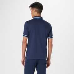 This classic yet stylish short-sleeved polo shirt in solid 100% Pima cotton features a three button placket and elegant chevron stripe tipped polo collar and armbands, adding a touch of sophistication to its timeless design. Collared Polo Shirt With Contrast Stripes For Golf, Navy Collared Polo Shirt For Golf, Classic Blue Polo Shirt With Contrast Stripes, Navy Polo Shirt With Contrast Collar, Navy Polo Shirt With Contrast Collar, Short Sleeve, Navy Polo Shirt With Contrast Trim, Classic Navy Polo Shirt With Contrast Collar, Classic Navy Polo Shirt With Contrast Trim, Navy Collared Sporty Polo Shirt