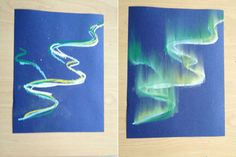 two pictures of the aurora bore, one in blue and one in green with swirls