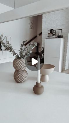 two vases with plants in them sitting on a white counter top next to a mirror